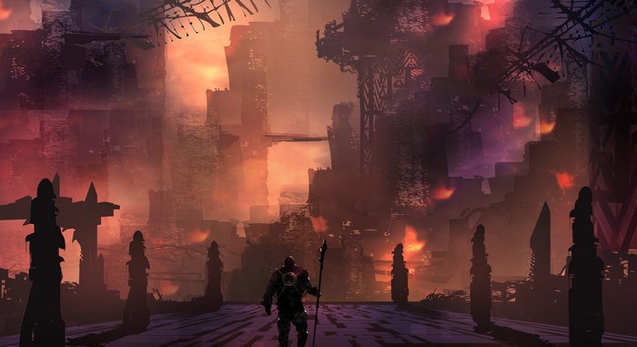 Warrior in a ruined fantasy city