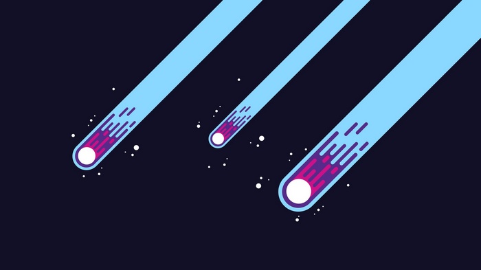 Three meteors with light blue trails in dark space