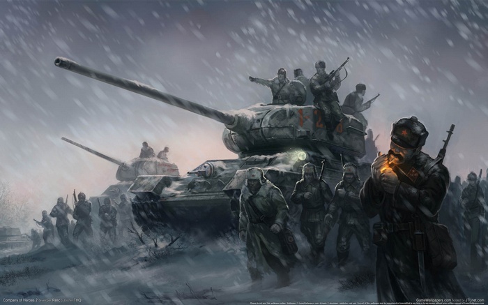 Soviet soldiers and tanks in a winter battle from Company of Heroes 2
