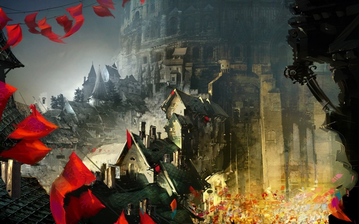 Fantasy city with red banners and ancient castle