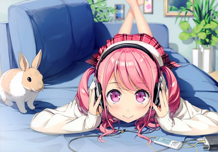 Anime girl with pink twintails and headphones listening to music with a rabbit