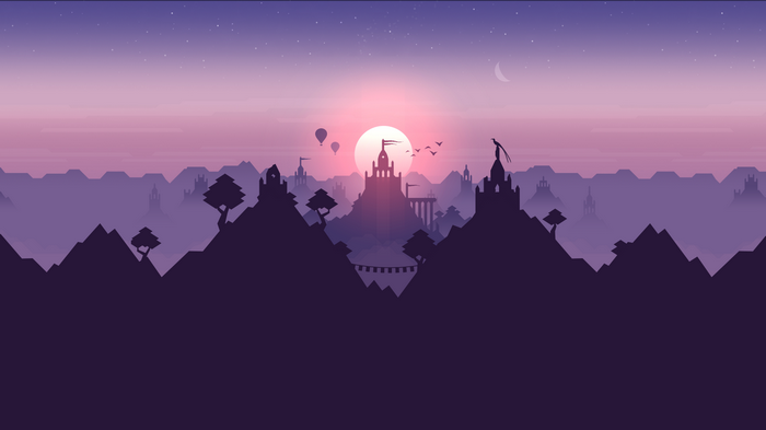 Fantasy landscape with castles and hot air balloons at sunset