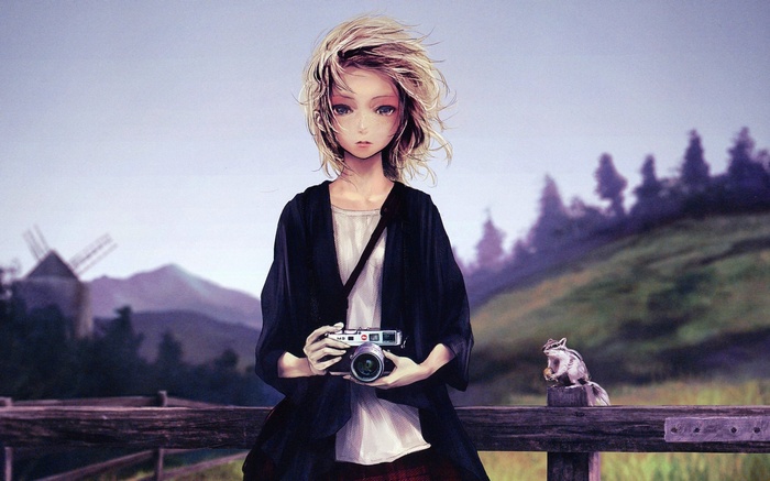 Anime girl with Leica camera in landscape