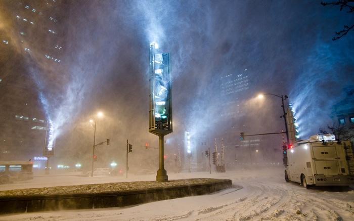 Snowstorm in Chicago at Night