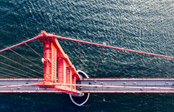 Aerial view of the Golden Gate Bridge over the sea