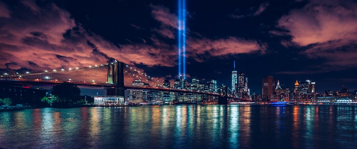 Tribute in Light over New York City Skyline at Night