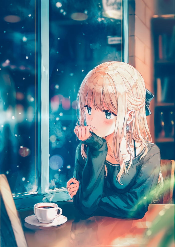 anime, long hair, coffee, anime girls, sweater, snow, blonde, aqua eyes