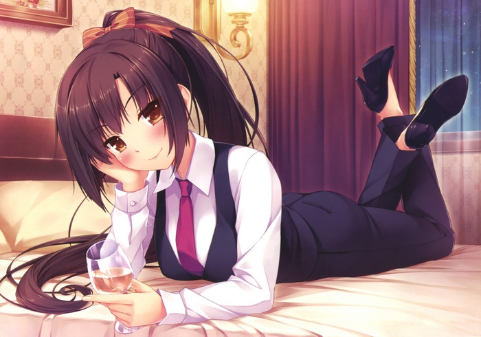 Anime girl in business suit with drink