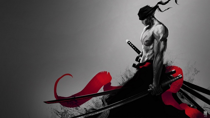 selective coloring, Roronoa Zoro, katana, fan art, One Piece