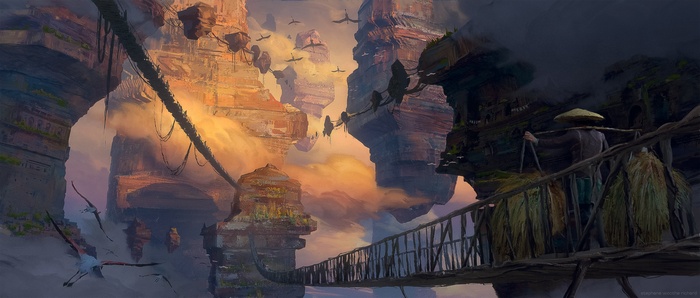 Fantasy floating islands with bridges and flying creatures