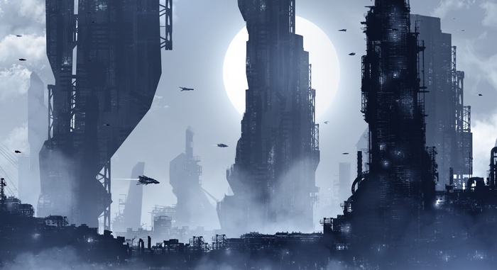 Futuristic city skyline at night with flying vehicles