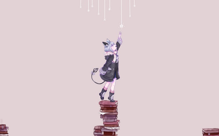 Anime girl with cat ears reaching for stars from books