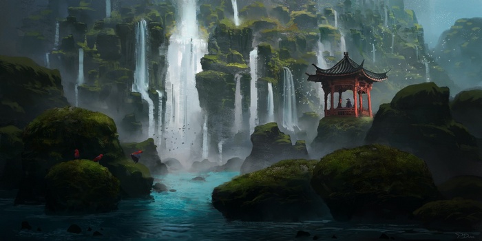 Fantasy art of a waterfall with Asian architecture