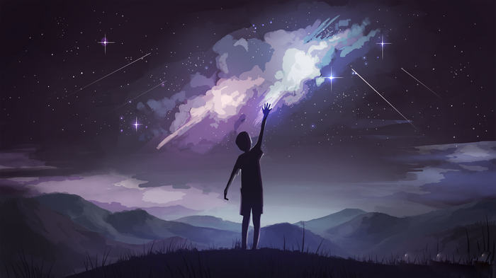 Child reaching for a colorful nebula in a starry night sky