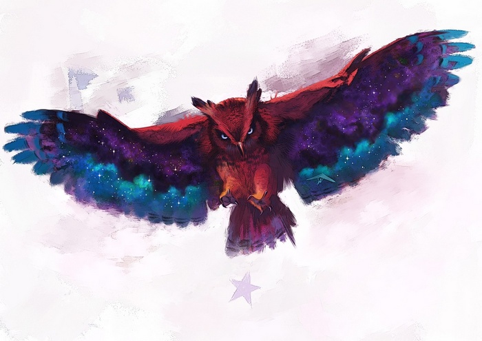 Digital art of a cosmic owl in flight