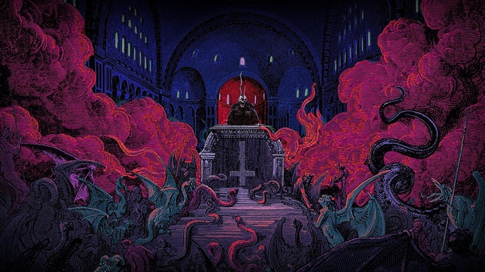 Demons and creatures in a hellish cathedral with a throne
