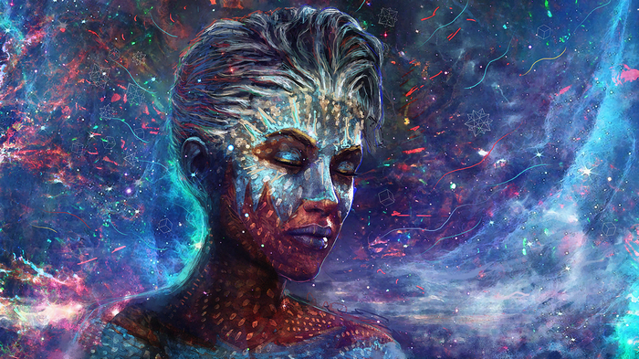 Woman with cosmic patterns on face in space