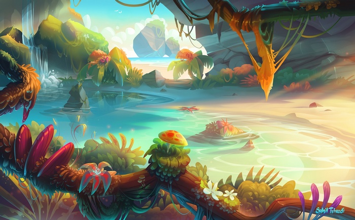 Fantasy landscape with water, plants, and a mushroom