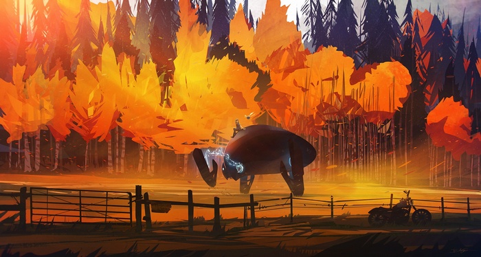 Illustration of a futuristic vehicle in a forest at sunset
