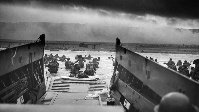 Soldiers landing on Omaha Beach during D-Day in Normandy