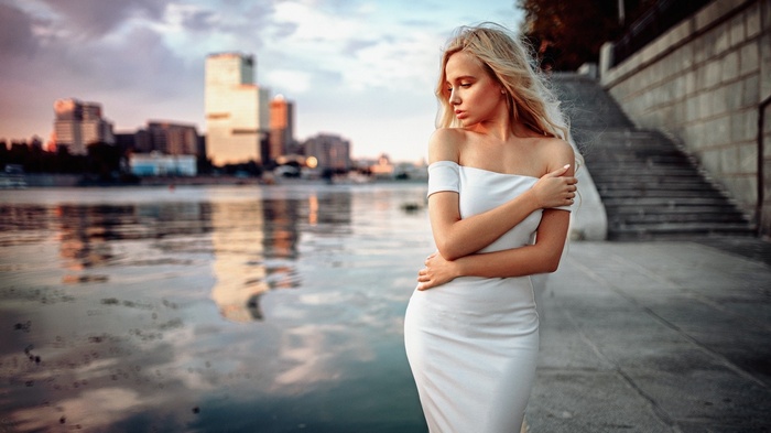 dress, riverside, model, women outdoors, bare shoulders, Maria Popova, wavy hair, blonde, women, depth of field, long hair, Georgy Chernyadyev, white dress