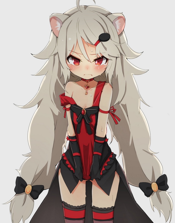 thigh-highs, animal ears, anime, gray hair, stockings, Show By Rock!!, long hair, loli, anime girls, dress, cleavage, red eyes