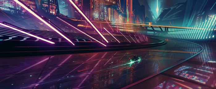 Cyberpunk city street at night with a motorcycle