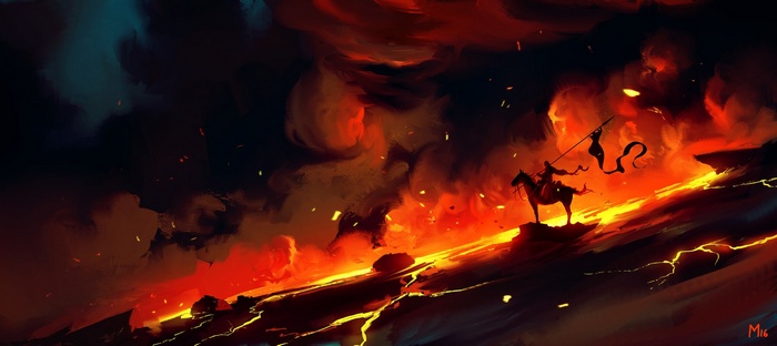 Fantasy art illustration of a warrior on horseback in a fiery landscape