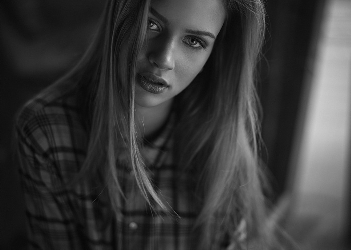 Monochrome portrait of a woman with long hair