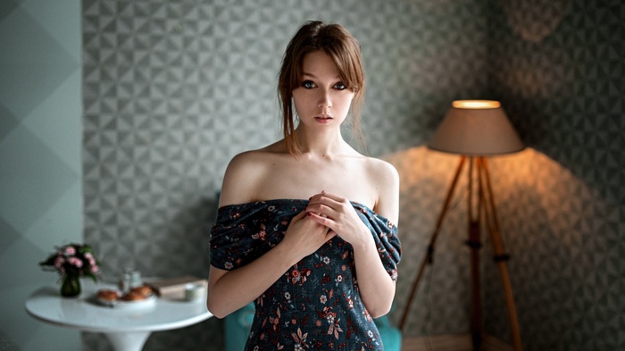 Olya Pushkina, dress, portrait, Georgy Chernyadyev, lamp, painted nails, women, bare shoulders