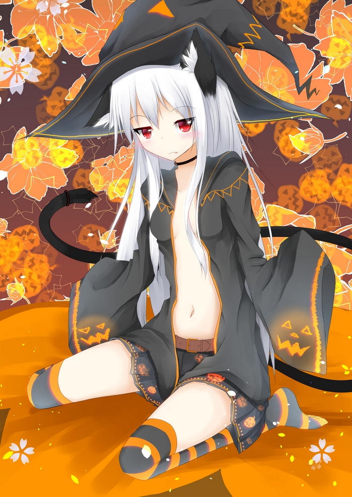 animal ears, long hair, Halloween, stockings, red eyes, witch hat, anime, witch, nekomimi, tail, no bra, white hair, skirt, anime girls