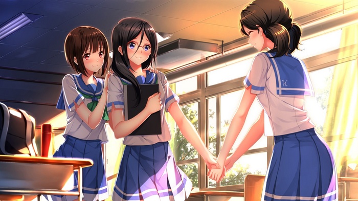 Anime girls in school uniforms holding hands