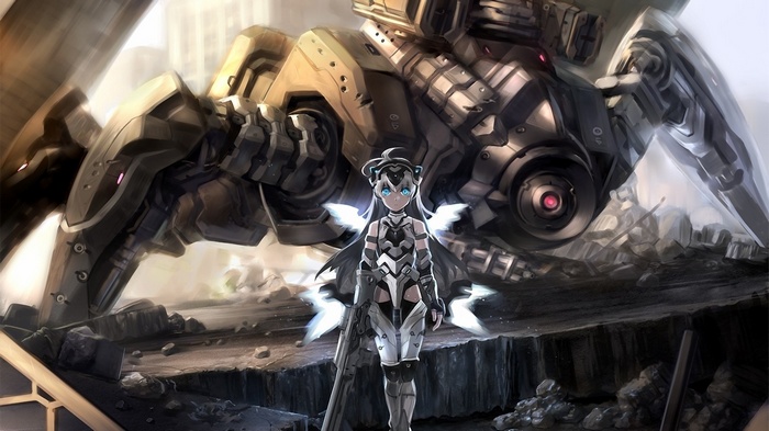 Anime girl with white hair and blue eyes in front of a giant robot