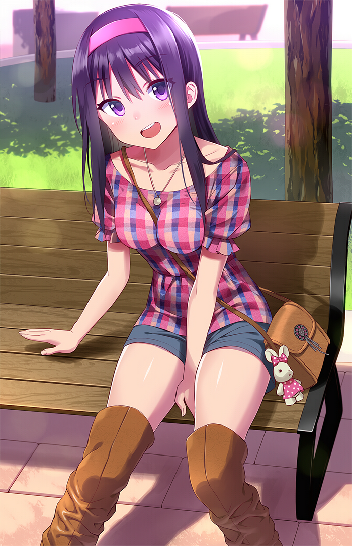 Anime girl with purple hair and eyes sitting on a park bench