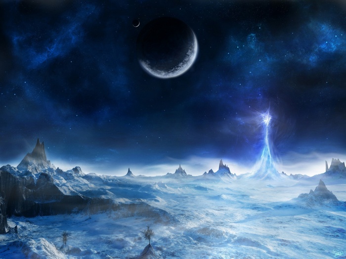 Fantasy alien landscape with planets and nebula