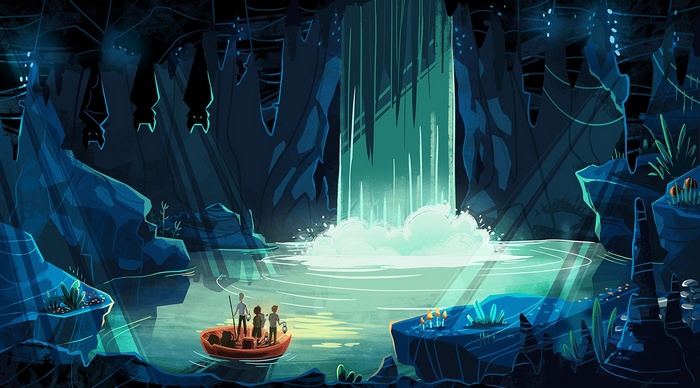 Children in a boat in a cave with a waterfall