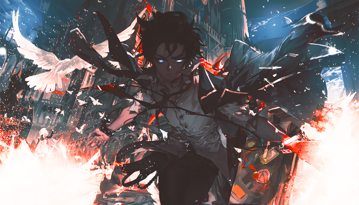 Anime character with glowing eyes and doves