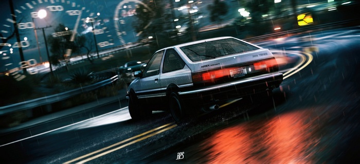 Toyota AE86 drifting on a wet road at night
