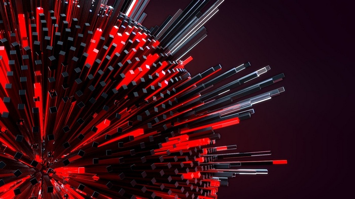 Abstract 3D geometric explosion of red and black rods