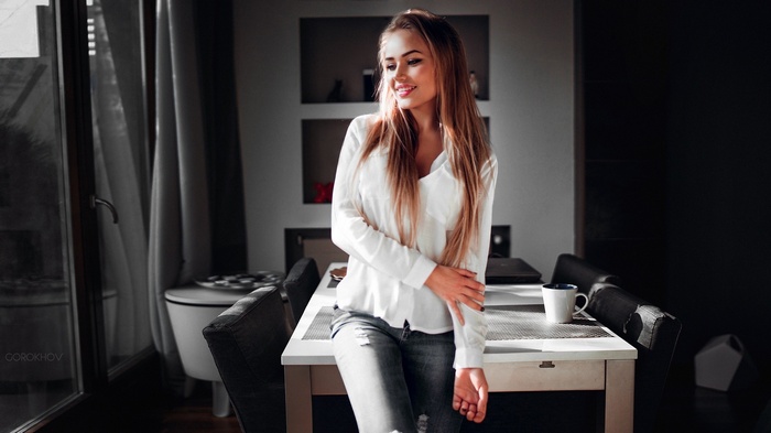 Straight Hair Blonde Shirt Looking Away Mary Jane White Shirt Jeans Smiling Maria