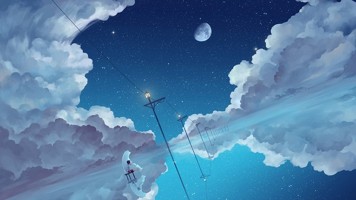 Girl on a swing with a bear in the clouds at night