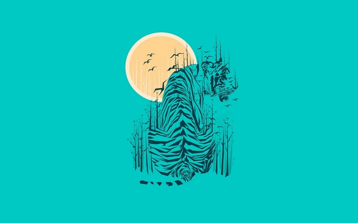 Tiger silhouette with trees and moon