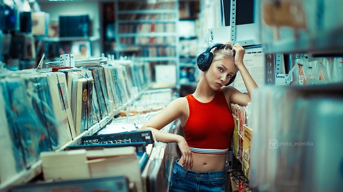 albums, audiobook, library, vinyl, portrait, belly, headphones, music shop, blonde, Elena Estetika, hands on head, women, Alice Tarasenko