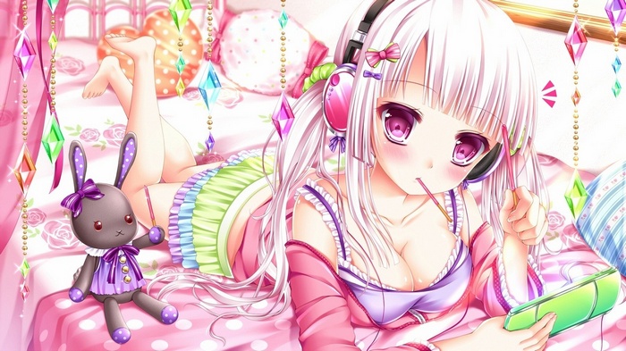 Anime girl with headphones and lollipop