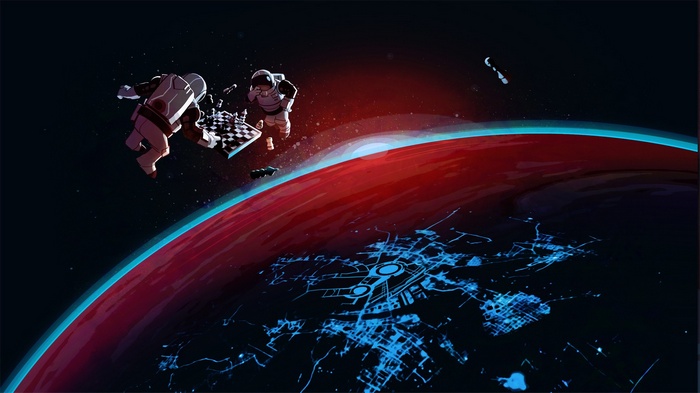 Astronauts playing chess in space above a red planet