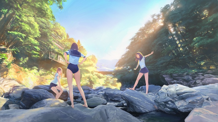 Three girls in school uniforms by a river
