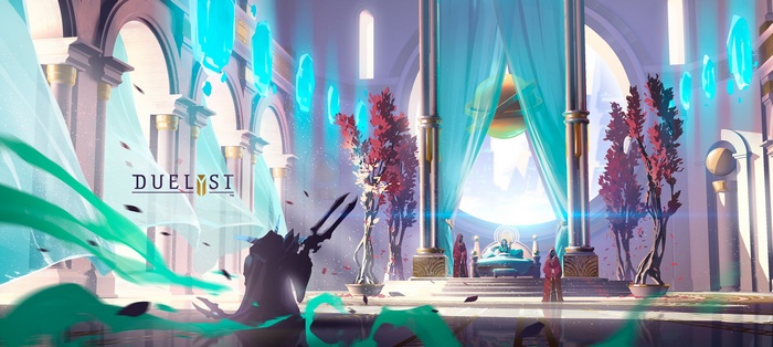 Duelyst artwork of a grand hall with figures