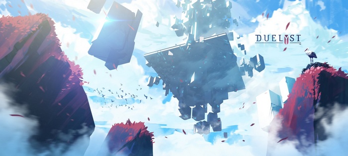 Duelyst artwork with floating islands and a crane