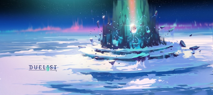 Duelyst game art with floating islands and energy beam