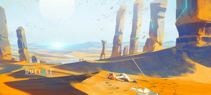 Duelyst concept art of a desert landscape with ancient stones